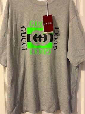 Gucci Gray Short-Sleeve Tee with Neon Green Logo